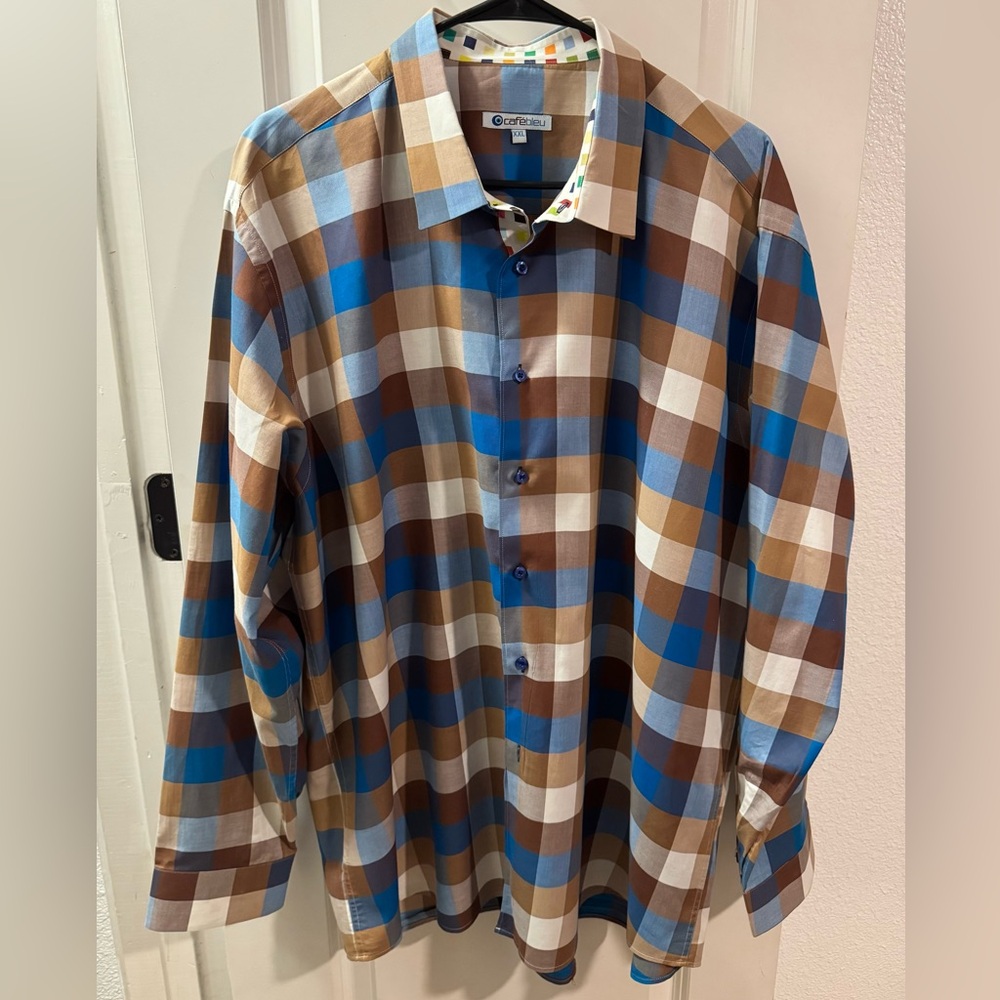 Café Bleu Men’s Plaid Button-Down Shirt XXL – Multicolor Trim
